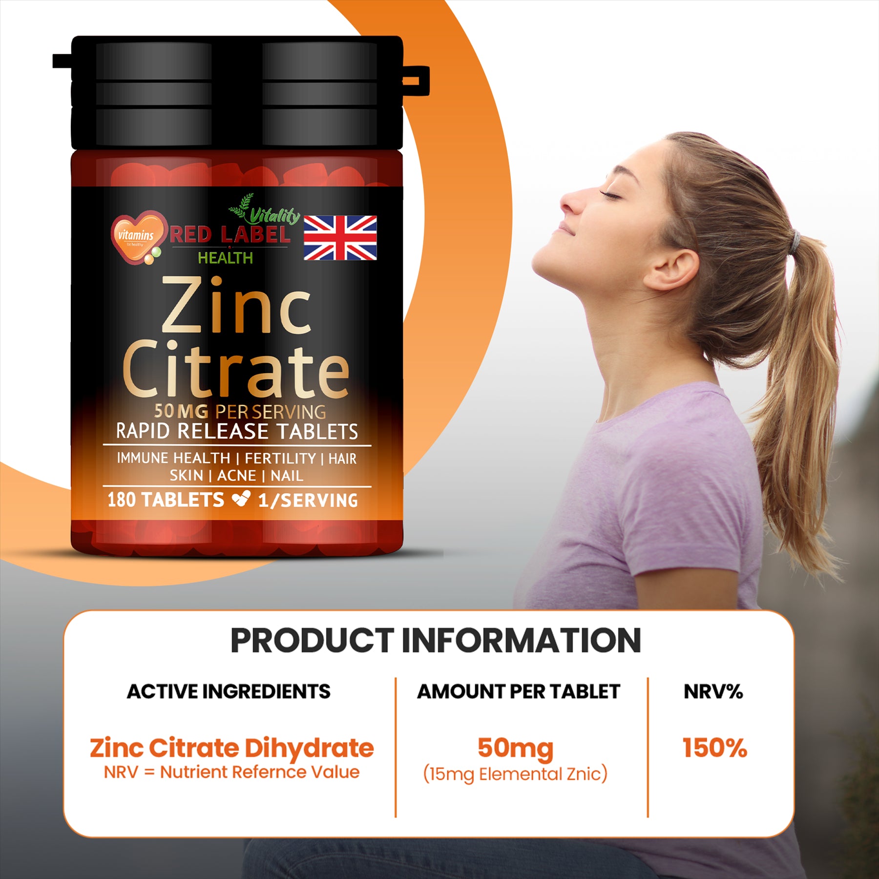 Red Label Health Zinc Citrate 50mg tablets in a bottle with benefits for immune health and skin care