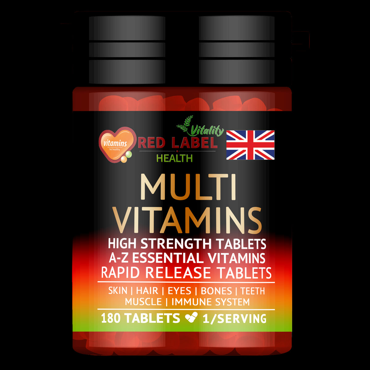 Red Label Health High Strength Multivitamins UK in a 180 tablet bottle for skin, hair and immune support