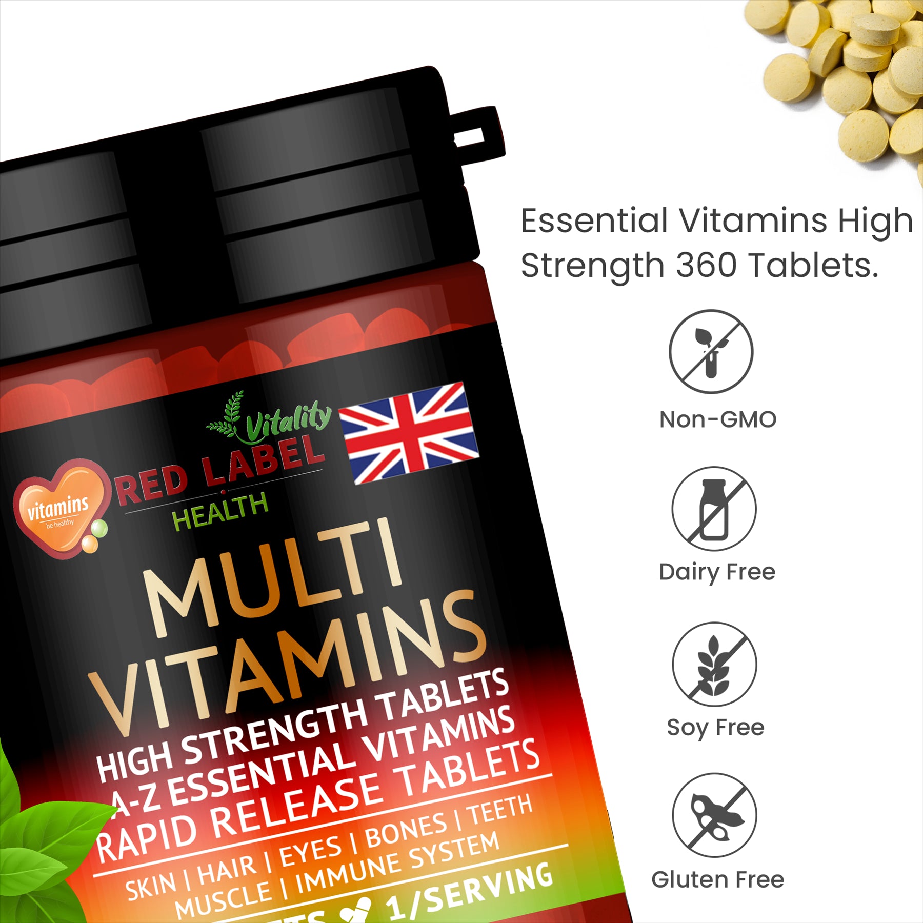 Red Label Health high strength multivitamins UK in a 360-tablet bottle for essential daily nutrition