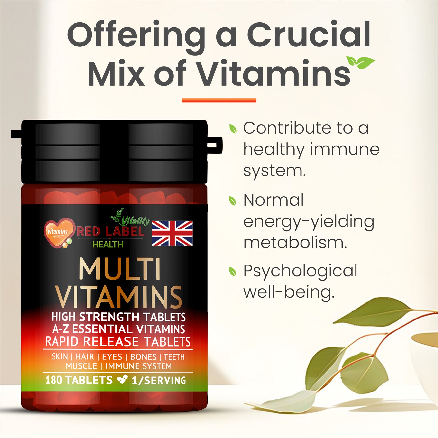 Red Label Health high strength multivitamins UK in a 180 tablet bottle for immune and energy support