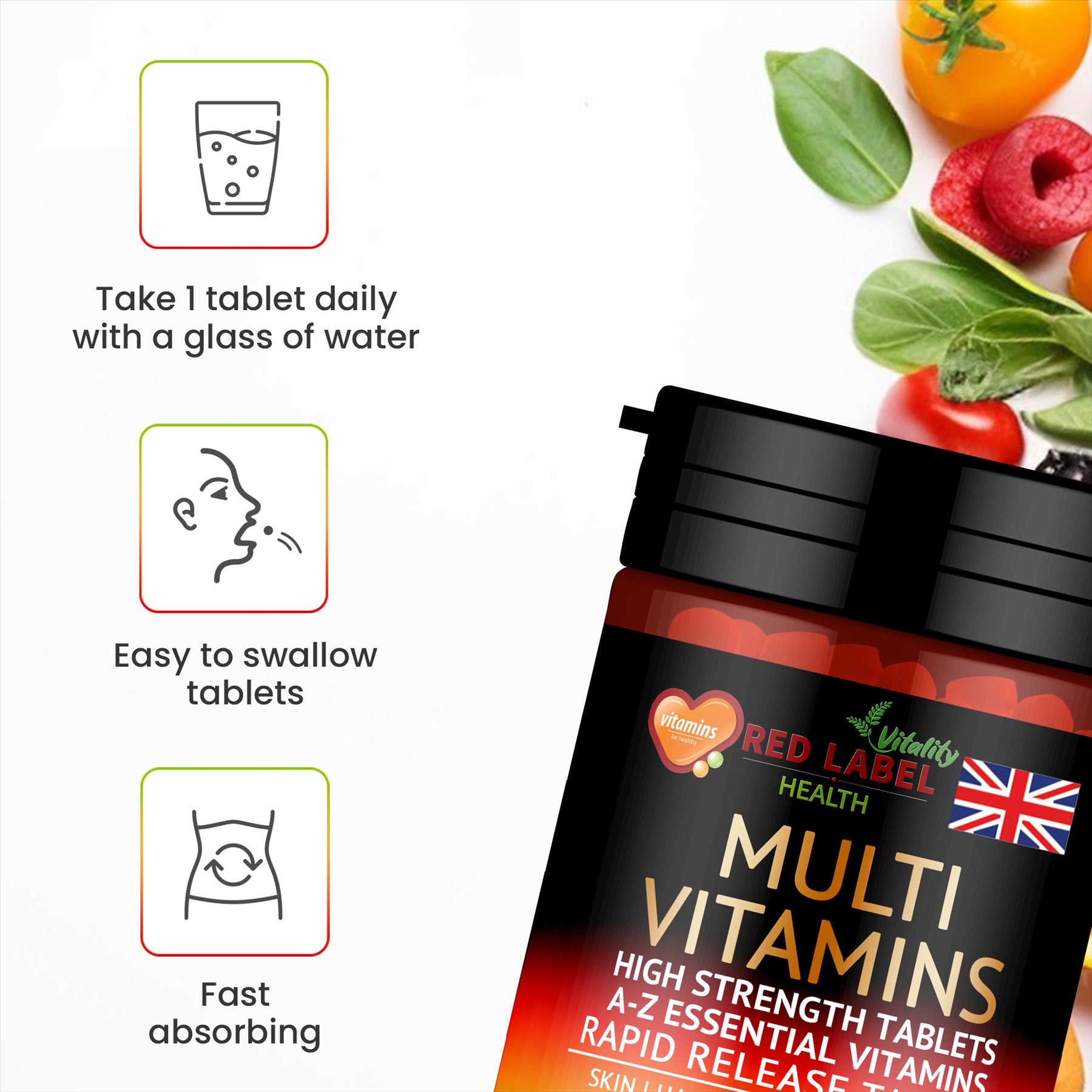 Red Label Health high strength multivitamins UK in easy to swallow tablets for daily nutritional support
