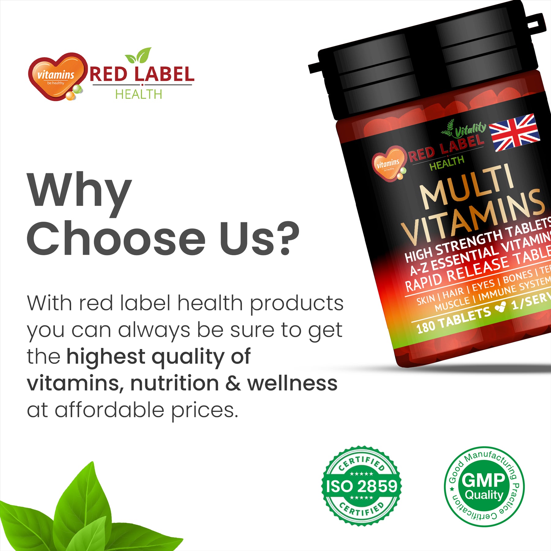 Red Label Health high strength multivitamins UK bottle containing 180 tablets for wellness support