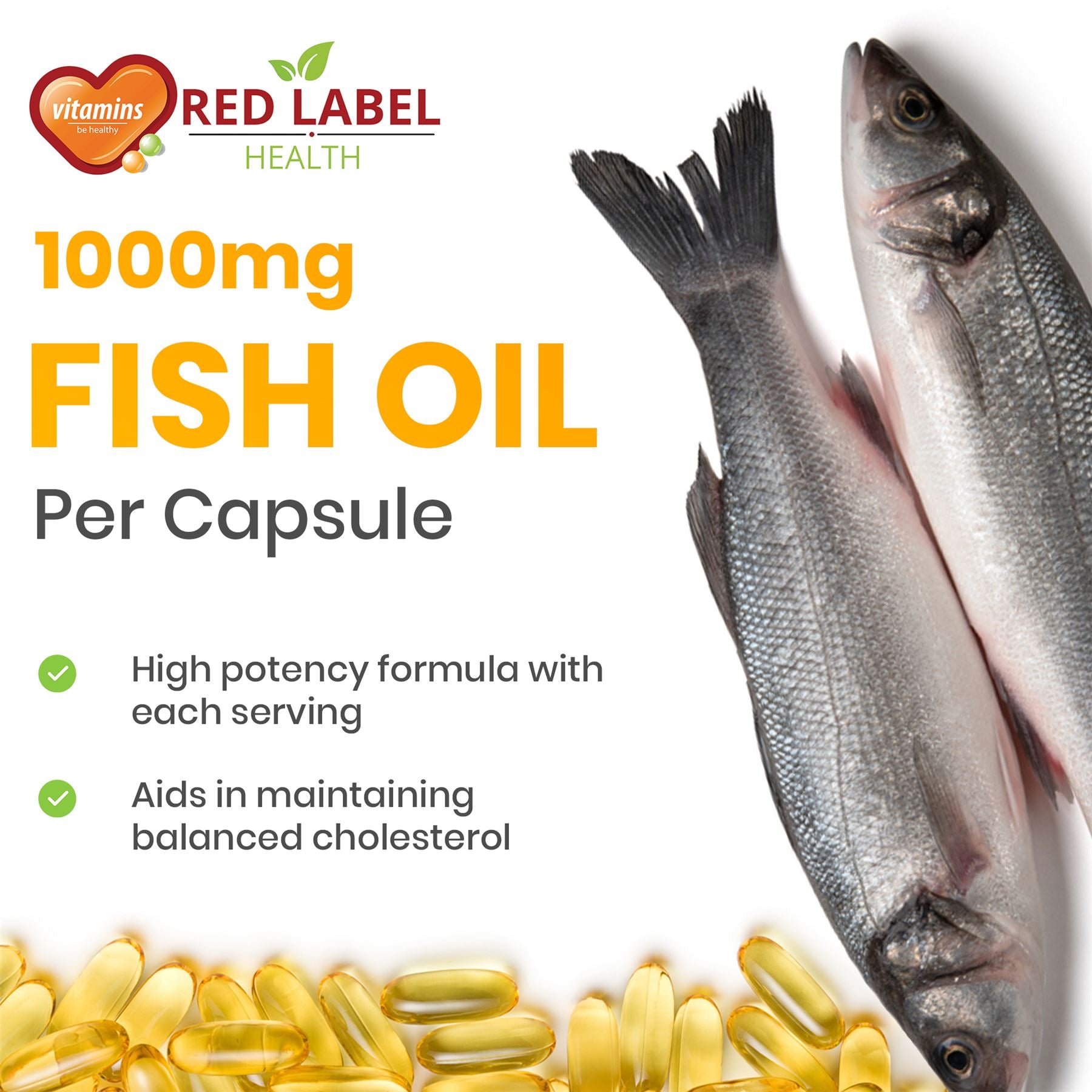 Red Label Health Omega 3 fish oil 1000mg capsules with health benefits for balanced cholesterol