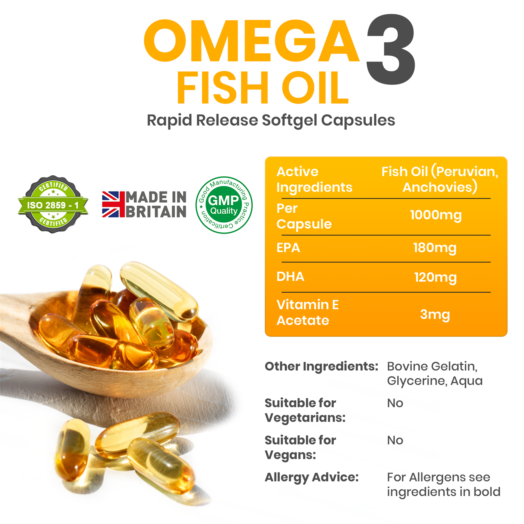 Omega 3 fish oil 1000mg capsules in a wooden spoon, highlighting their rapid release softgel form
