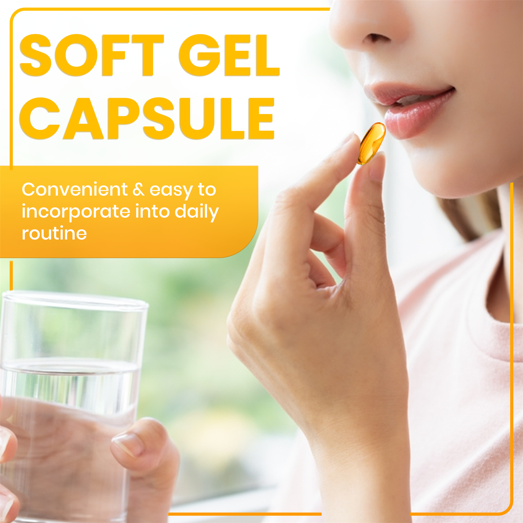 Woman taking Omega 3 fish oil 1000mg capsules with a glass of water for daily health routine