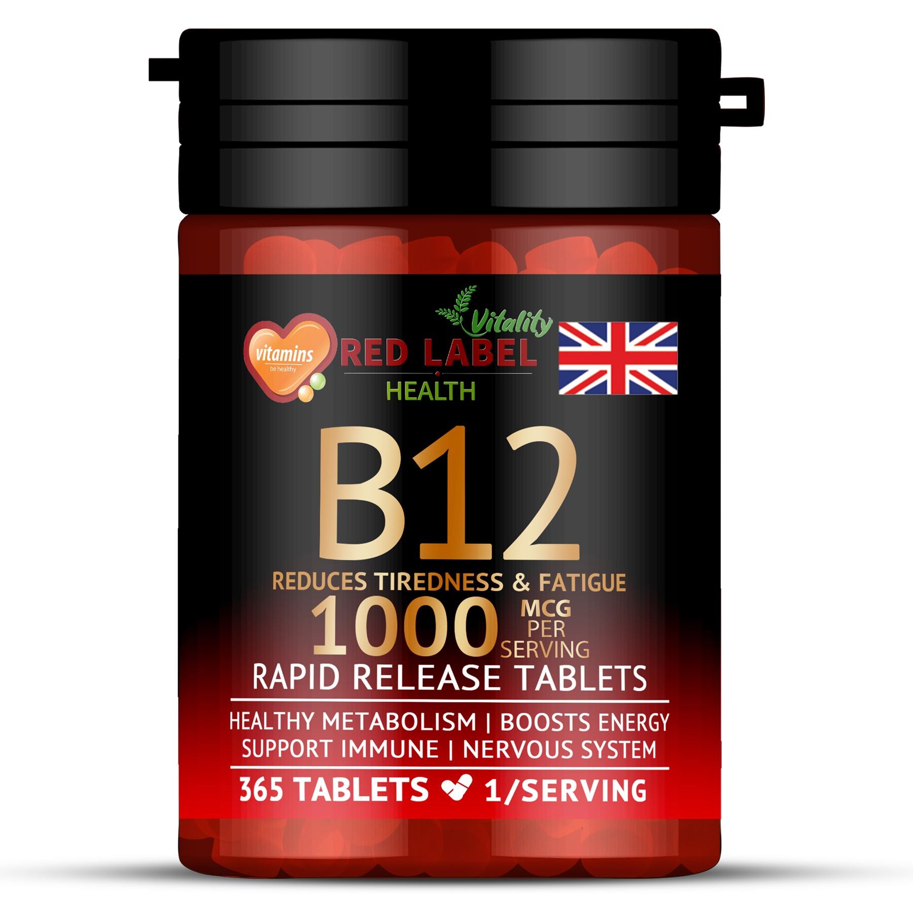 Red Label Health Vitamin B12 1000mcg tablets in a black bottle with 365 rapid release tablets for energy support