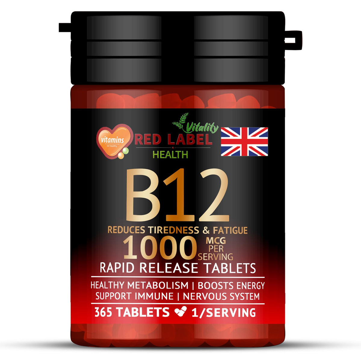 Red Label Health Vitamin B12 1000mcg tablets in a black bottle with 365 rapid release tablets for energy support