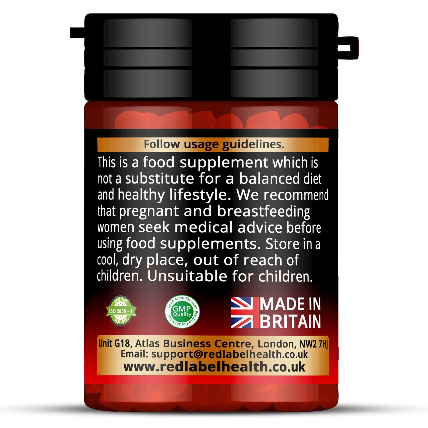 Red Label Health Vitamin B12 1000mcg tablets bottle with usage guidelines for dietary supplementation