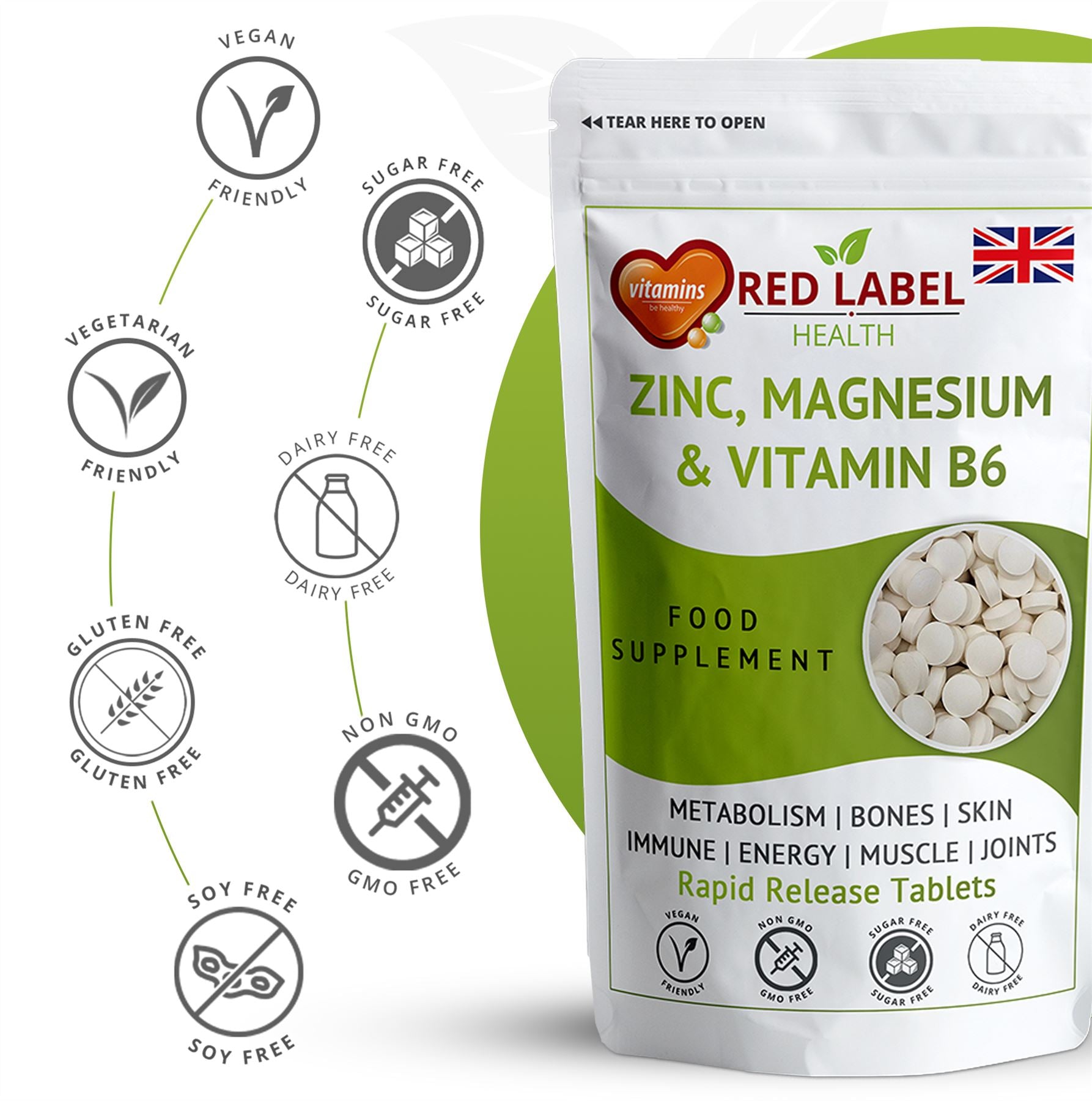 Red Label Health ZMA tablets UK pack with vegan and gluten-free labels for metabolism and energy support