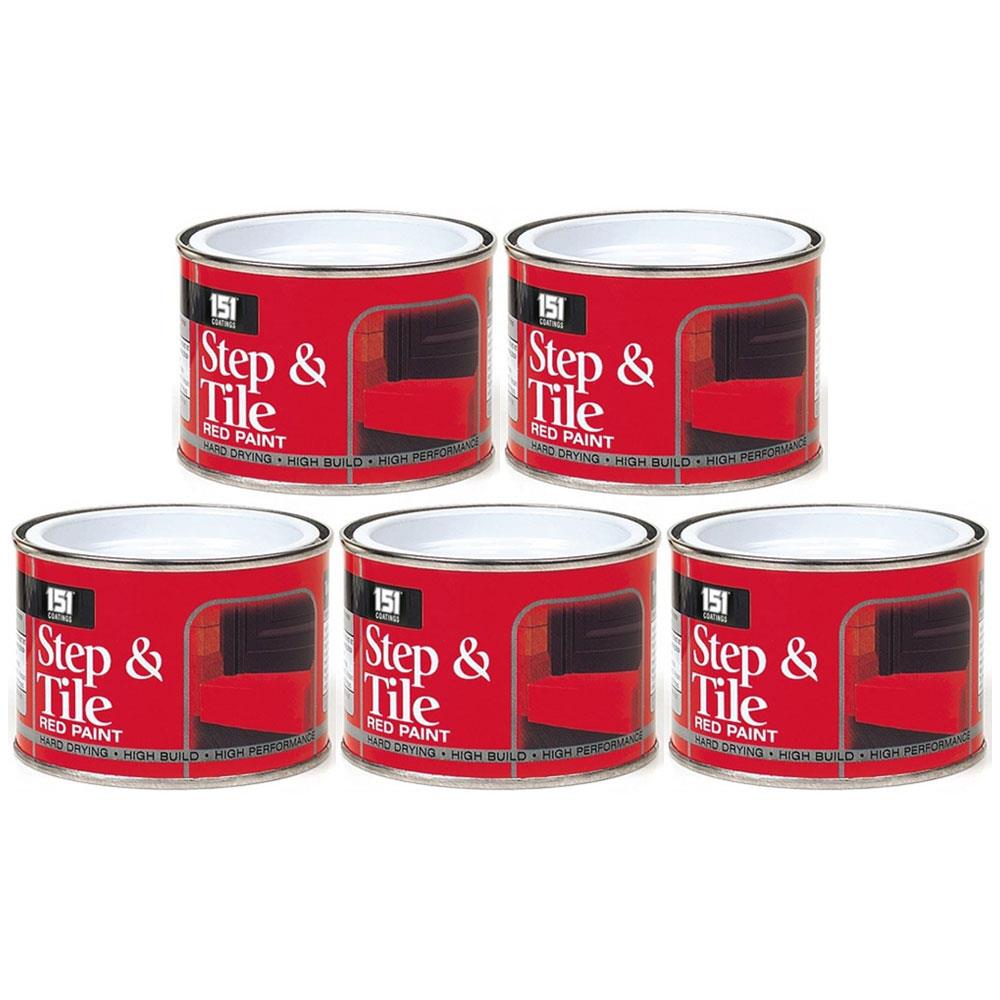 Five cans of 151 red step and tile paint 180ml with brush image on label for durable coating