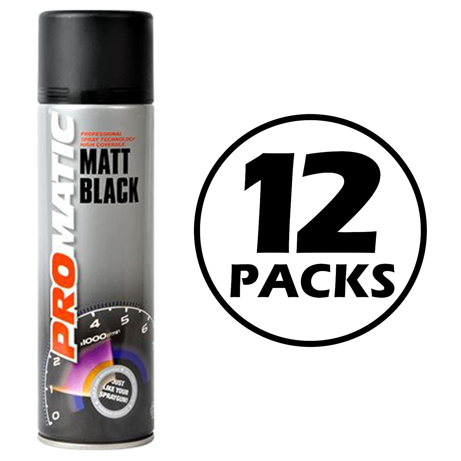 Promatic matt black spray paint 500ml can with black cap and 12 packs label