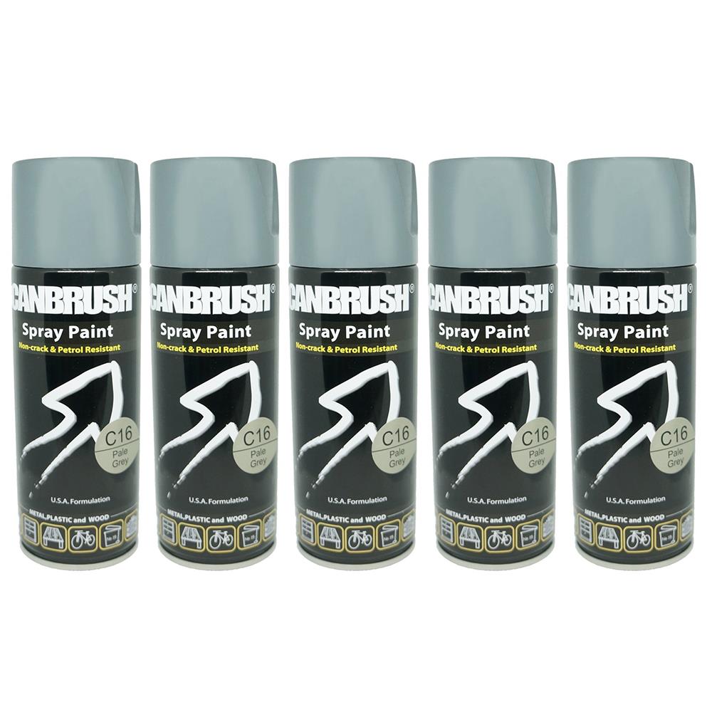 Five cans of Canbrush pale grey spray paint 400ml with anti-crack and petrol resistant formula