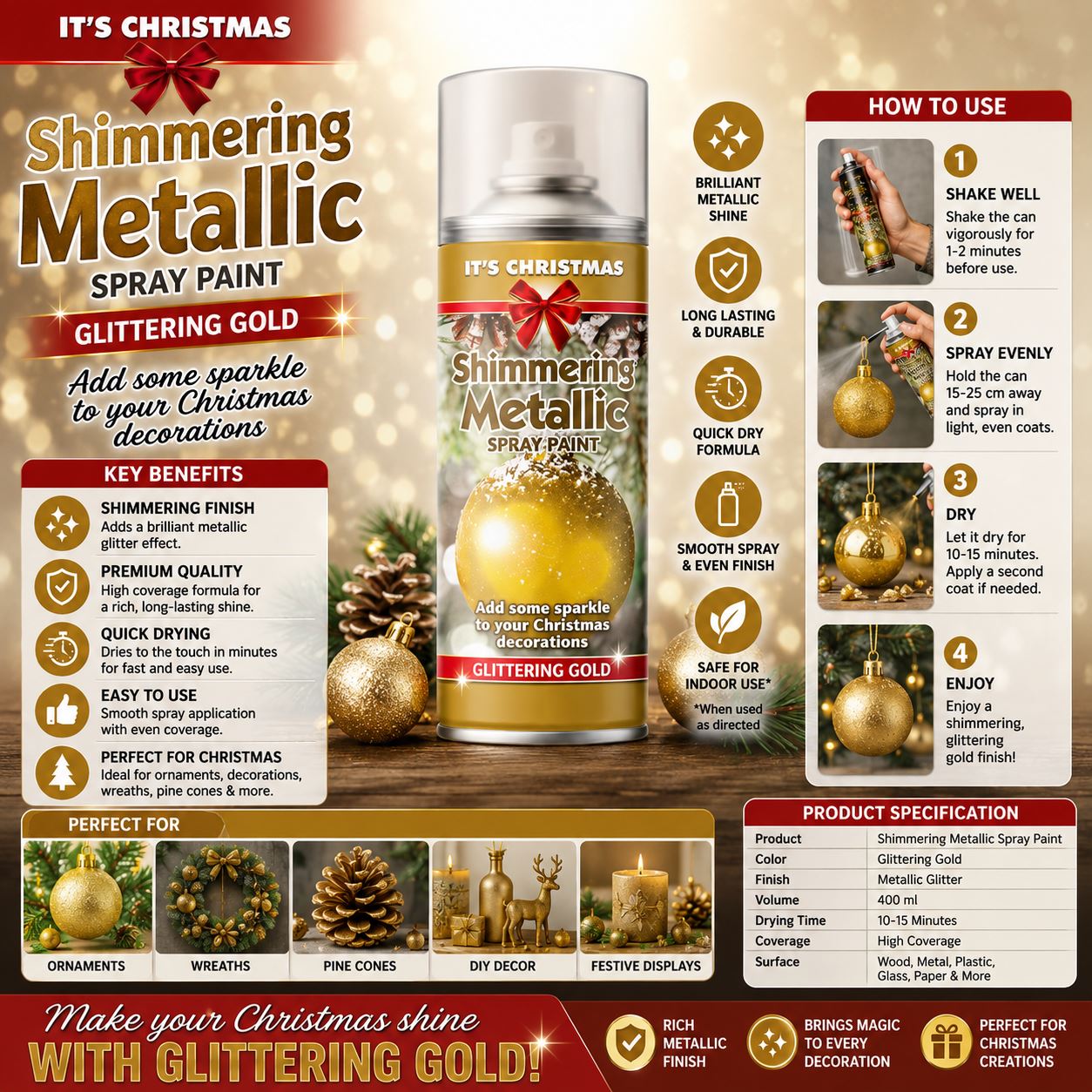 Rapide Shimmering Metallic Spray Paint in Glittering Gold for festive decorations, perfect to paint with spray gun