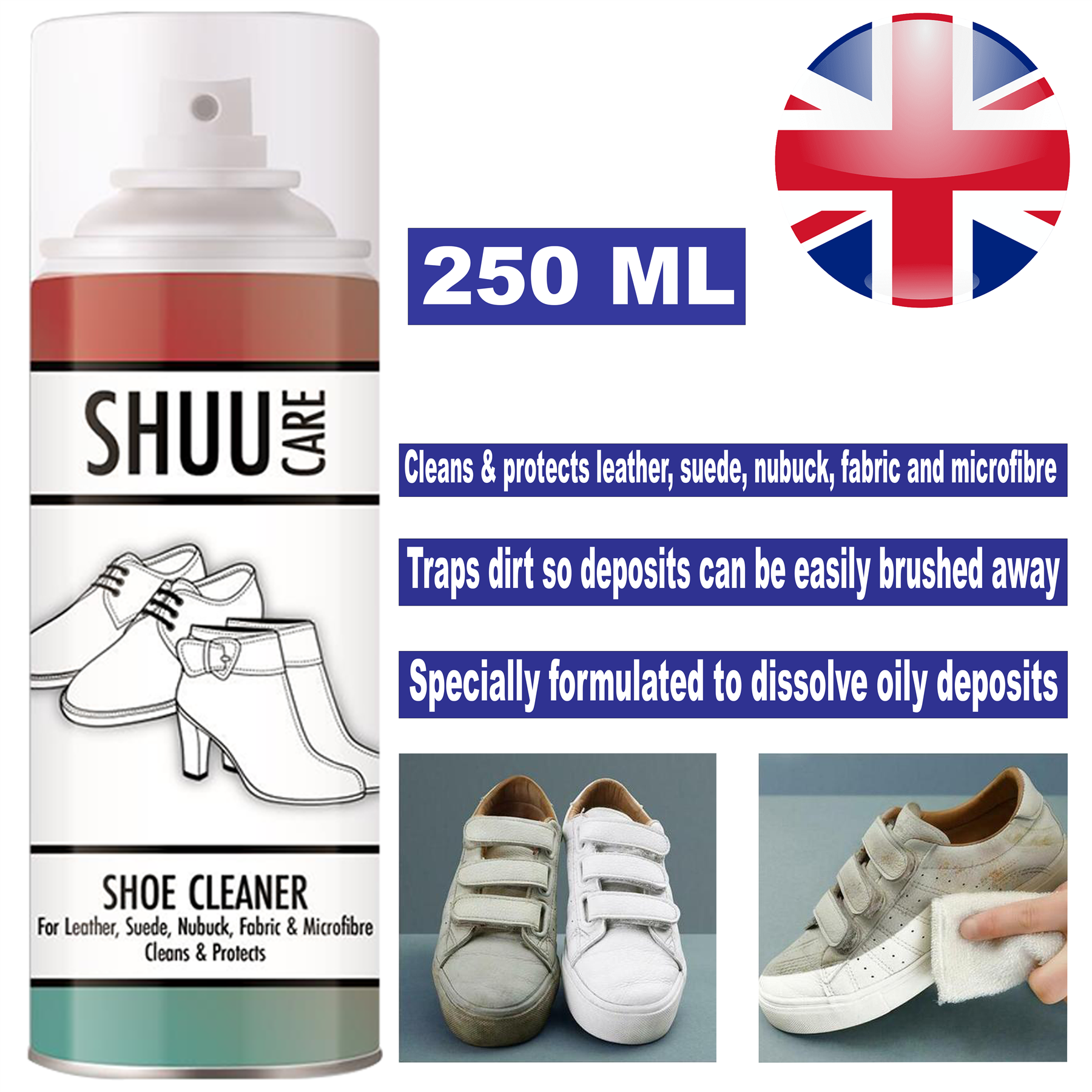 Shuu Cleaner Spray 250ml for effective cleaning and protection of leather, suede, and fabric shoes