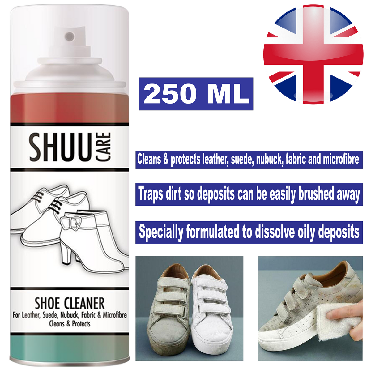 Shuu Cleaner Spray 250ml for effective cleaning and protection of leather, suede, and fabric shoes
