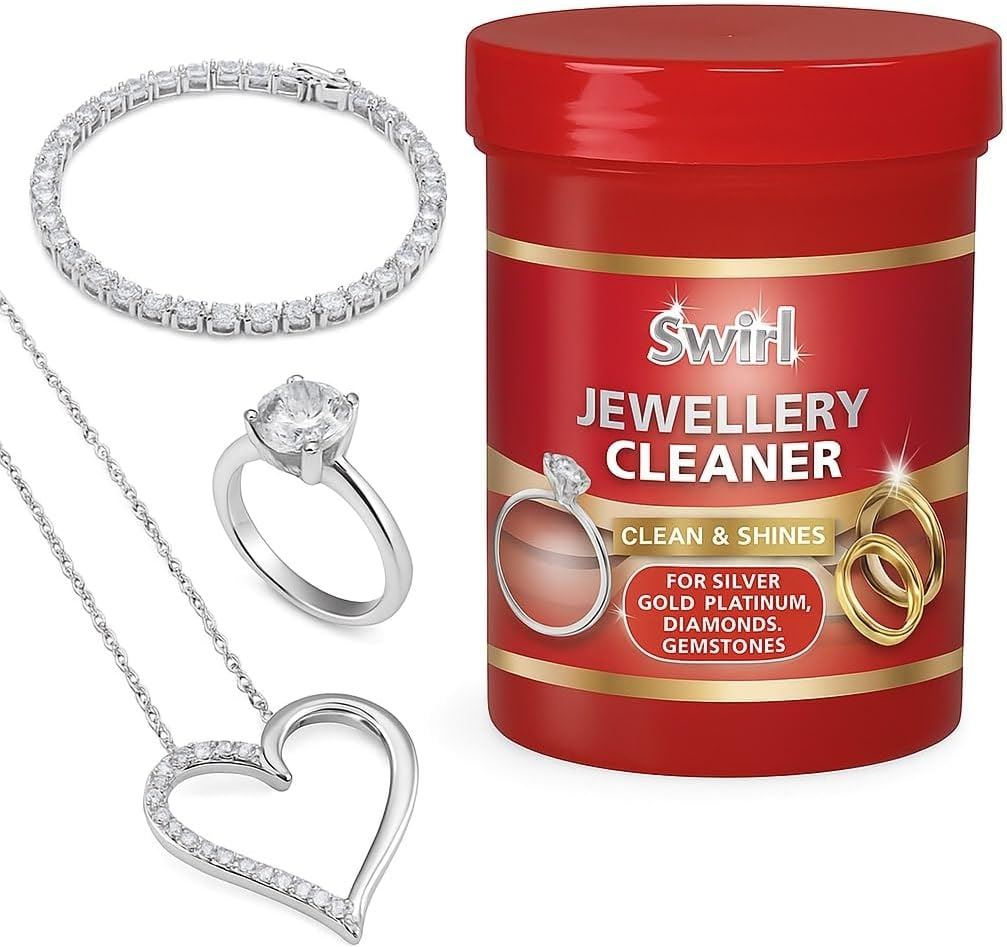 Swirl liquid jewellery cleaner UK in red jar with sparkling silver rings and bracelets displayed