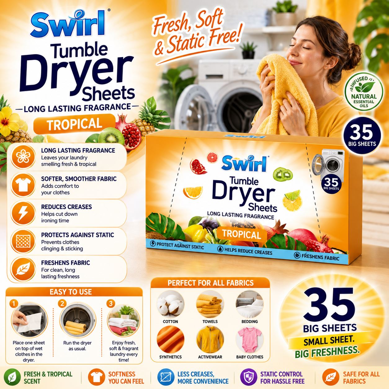 Swirl Tumble Dryer Sheets in Tropical scent for fresh and static-free laundry, 35 sheets for dryer