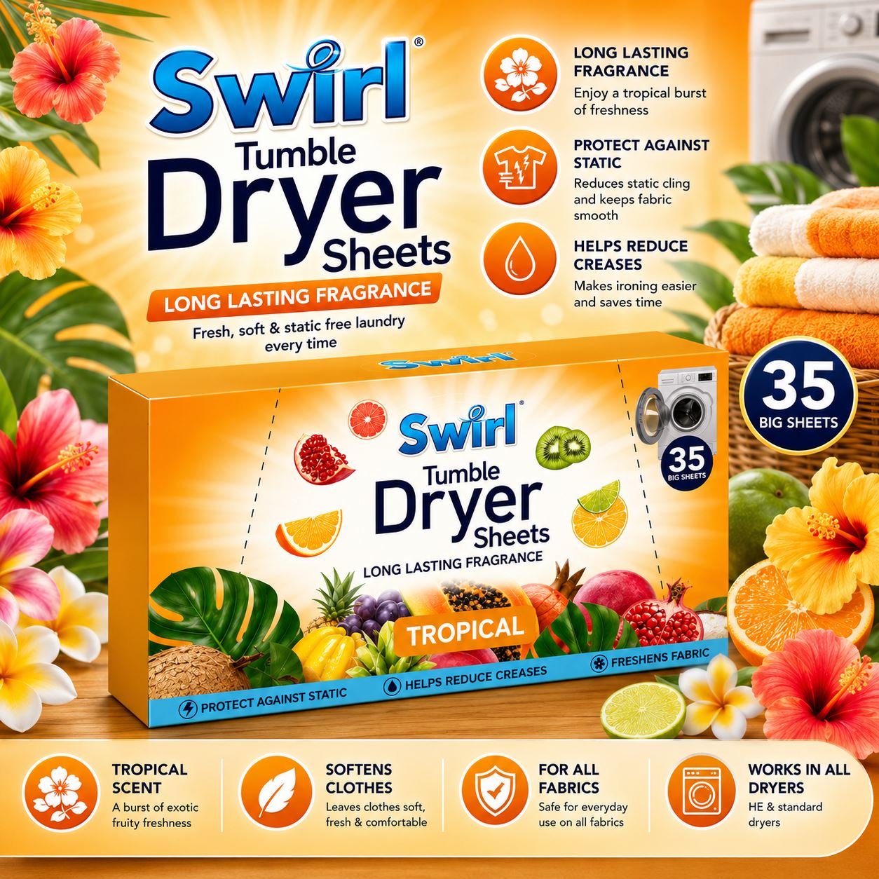Swirl Tumble Dryer Sheets in Tropical scent for fresh laundry with static protection, 35 sheets for dryer