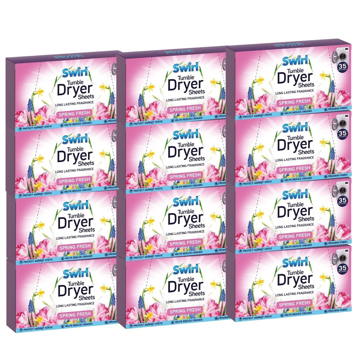 Swirl Tumble Dryer Sheets with Spring Fresh scent for soft and static-free laundry, 35 sheets for dryer