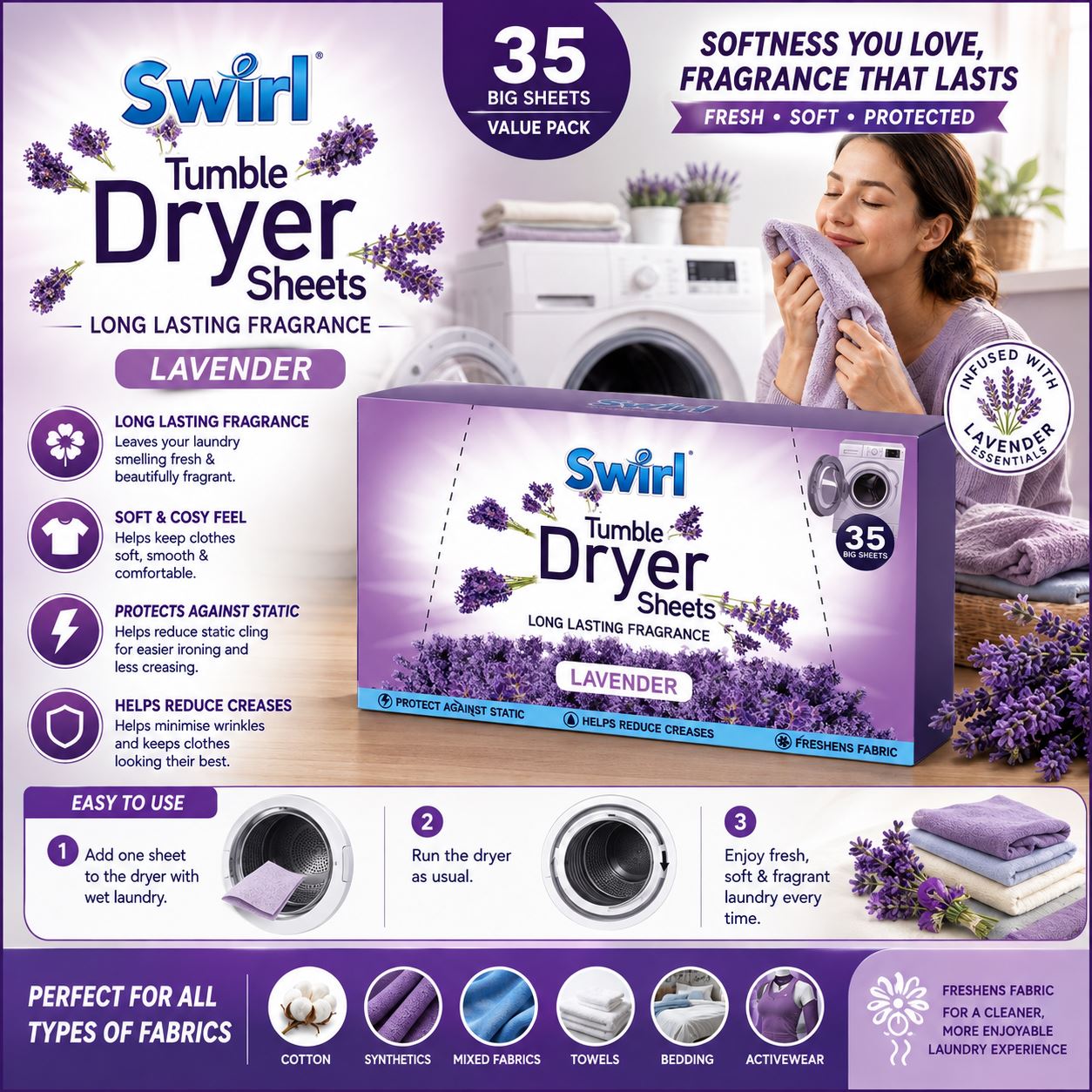 Swirl Tumble Dryer Sheets in Lavender for long-lasting fragrance and softness for all fabrics