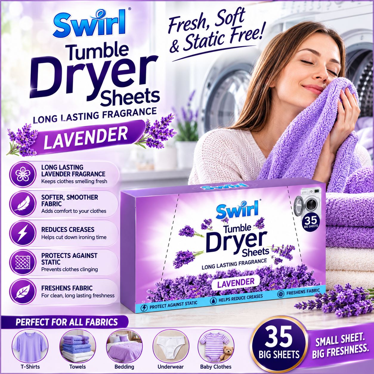 Swirl Lavender Tumble Dryer Sheets for long lasting fragrance, softening fabrics and reducing static