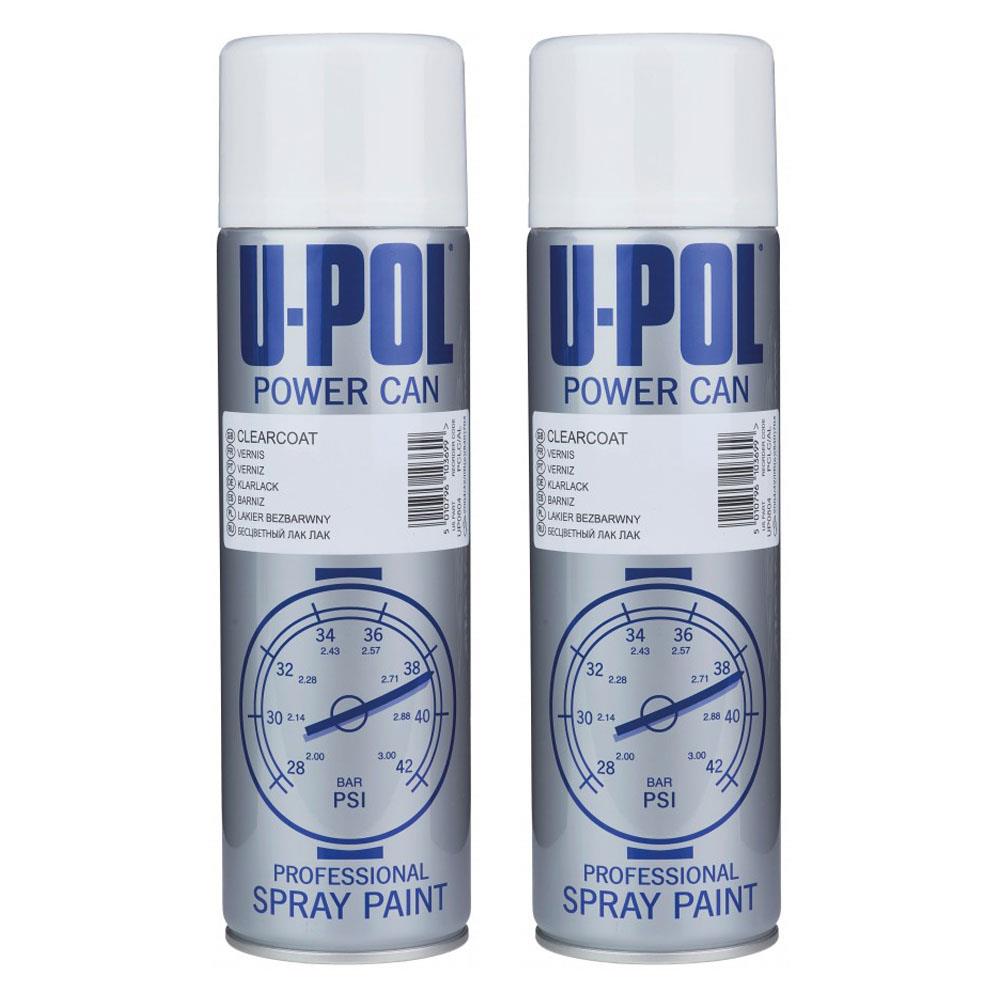 Two cans of U-POL clear coat spray 500ml professional spray paint with white caps