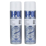 Two cans of U-POL clear coat spray 500ml professional spray paint with white caps