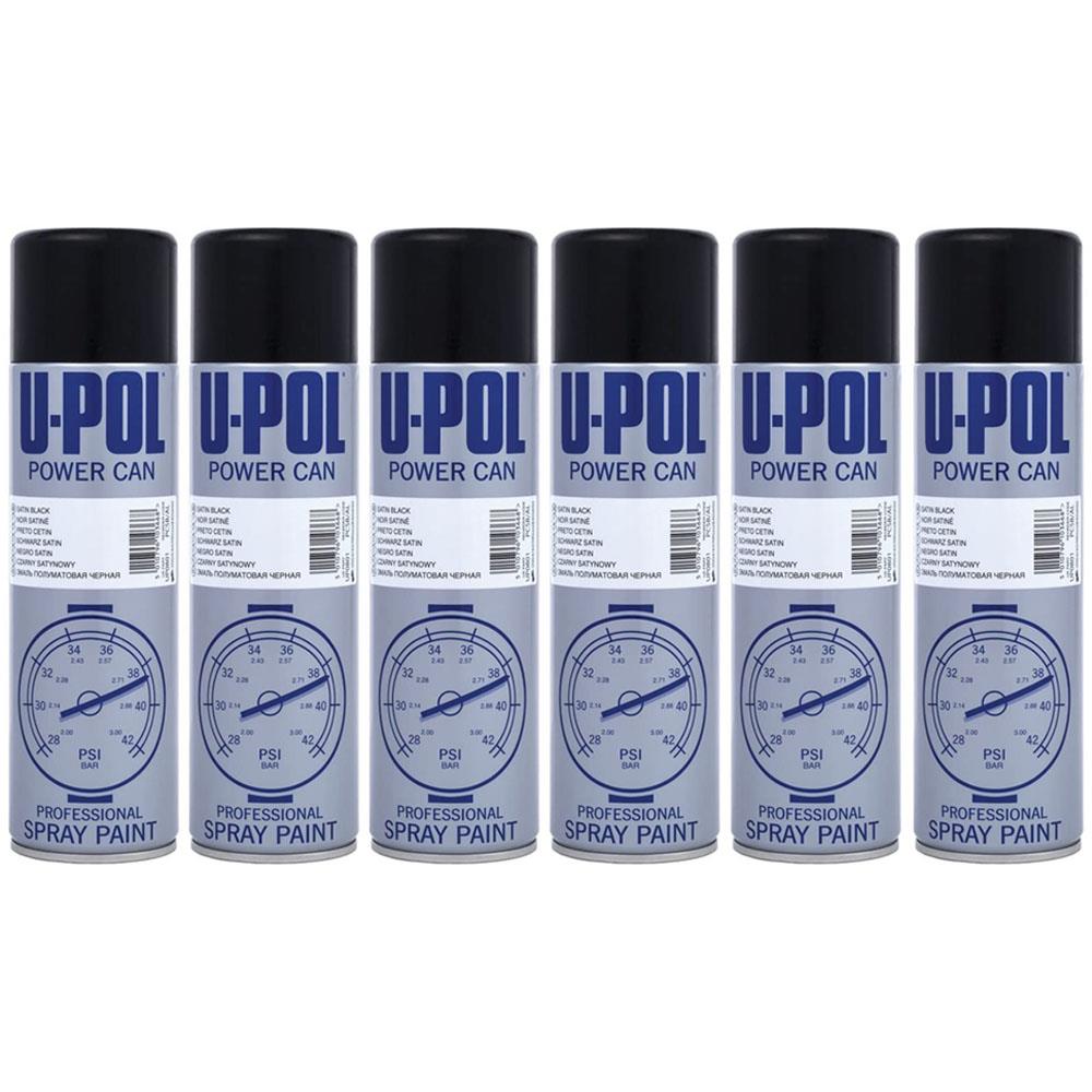 Set of six U-Pol satin black spray paint cans for professional use and versatile applications