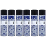 Set of six U-Pol satin black spray paint cans for professional use and versatile applications