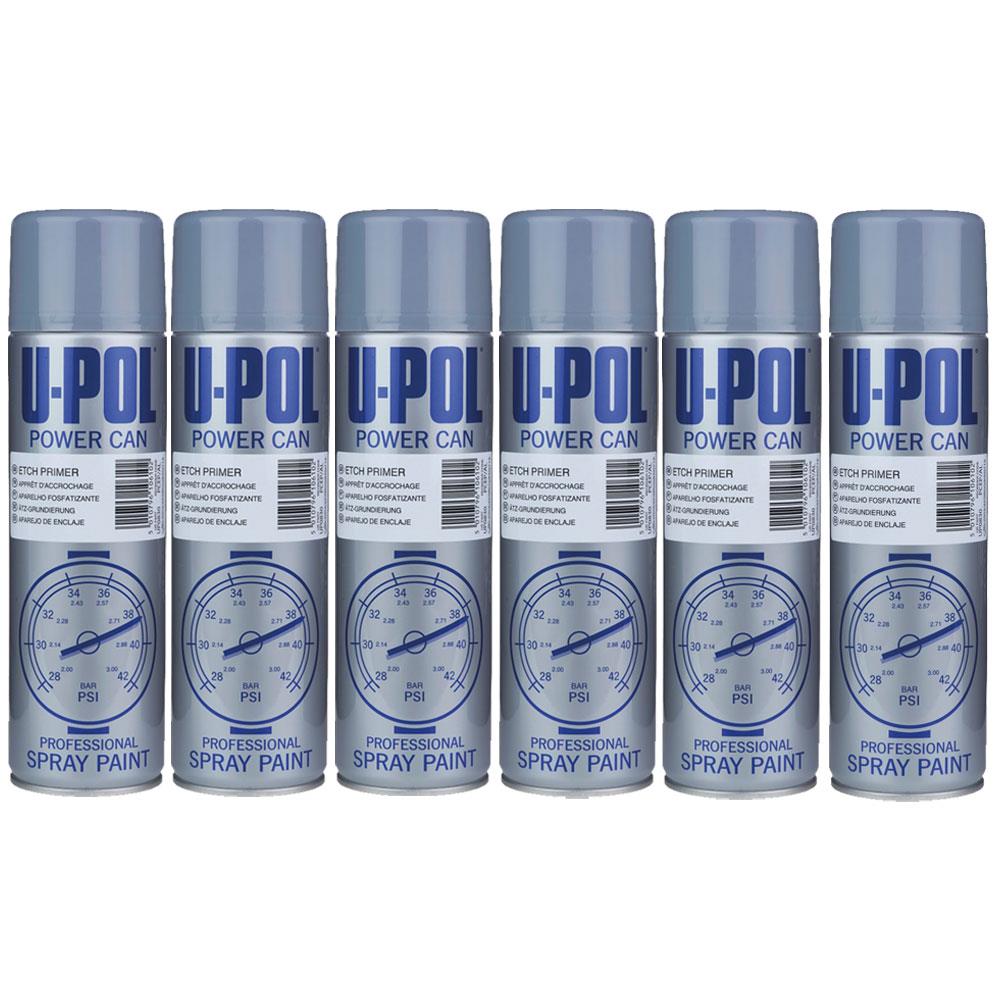 U-POL Etch Primer Spray 500ml cans arranged in a row for professional painting projects