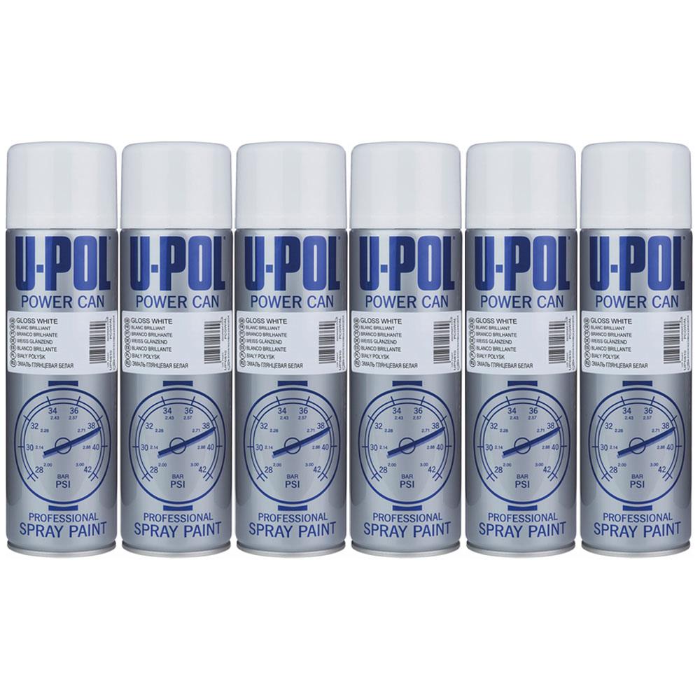 Set of six U-POL gloss white spray paint cans for professional use and DIY projects