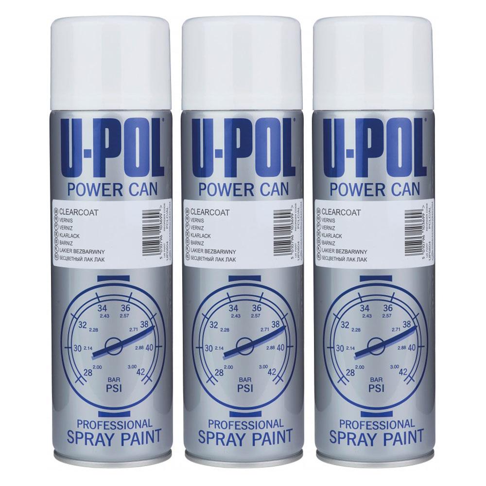 Three cans of U-POL Power Can clear coat spray professional spray paint for automotive use