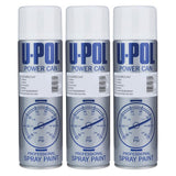 Three cans of U-POL Power Can clear coat spray professional spray paint for automotive use
