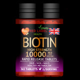 Red Label Health Biotin high strength tablets for hair, skin and nails with 10000 mcg per serving.