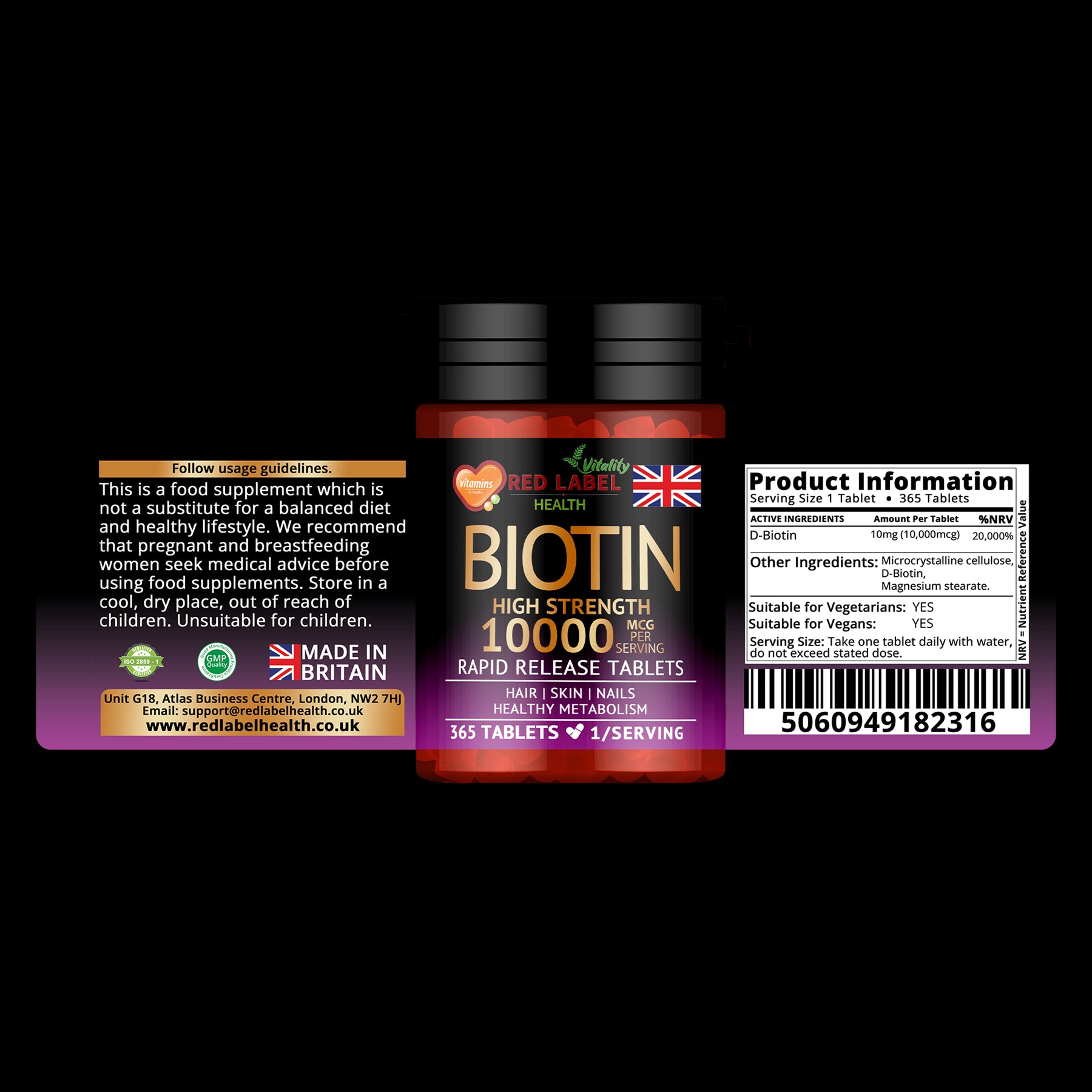Red Label Health Biotin High Strength Tablets 10000mcg for healthy metabolism and hair support