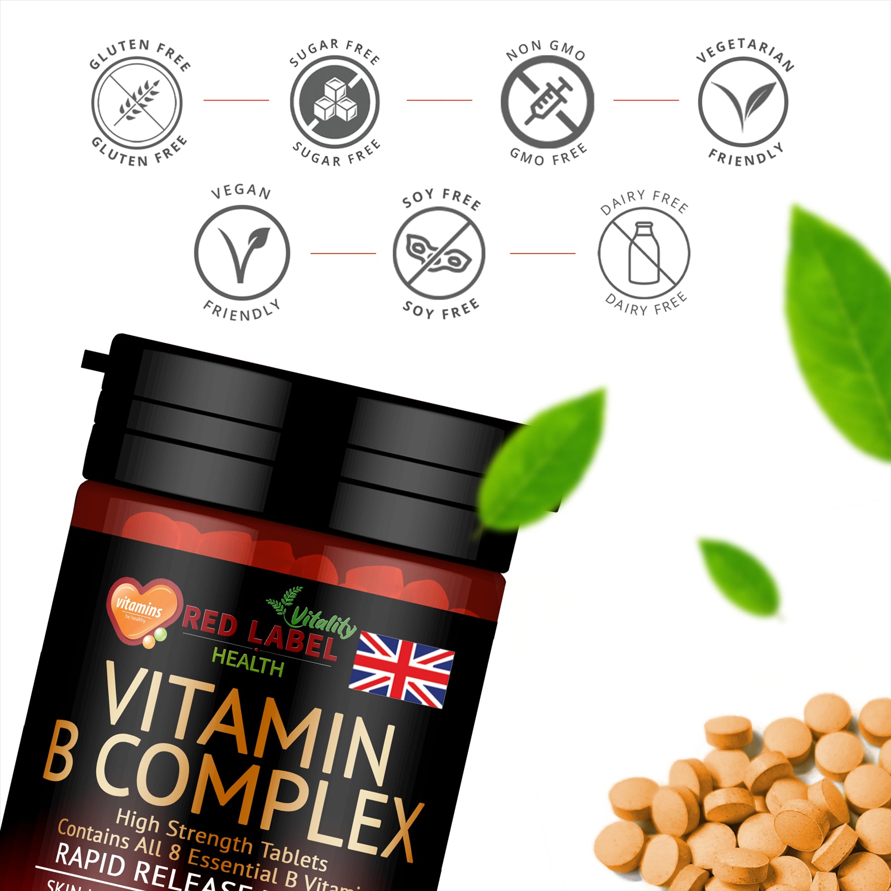 Red Label Health Vitamin B Complex Tablets UK featuring essential B vitamins in a vegan friendly formula