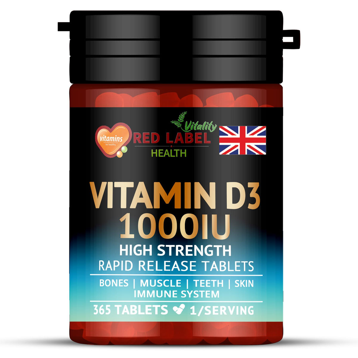 Red Label Health vitamin D3 1000IU tablets for bones, muscle, teeth, and skin health, 365 rapid release tablets