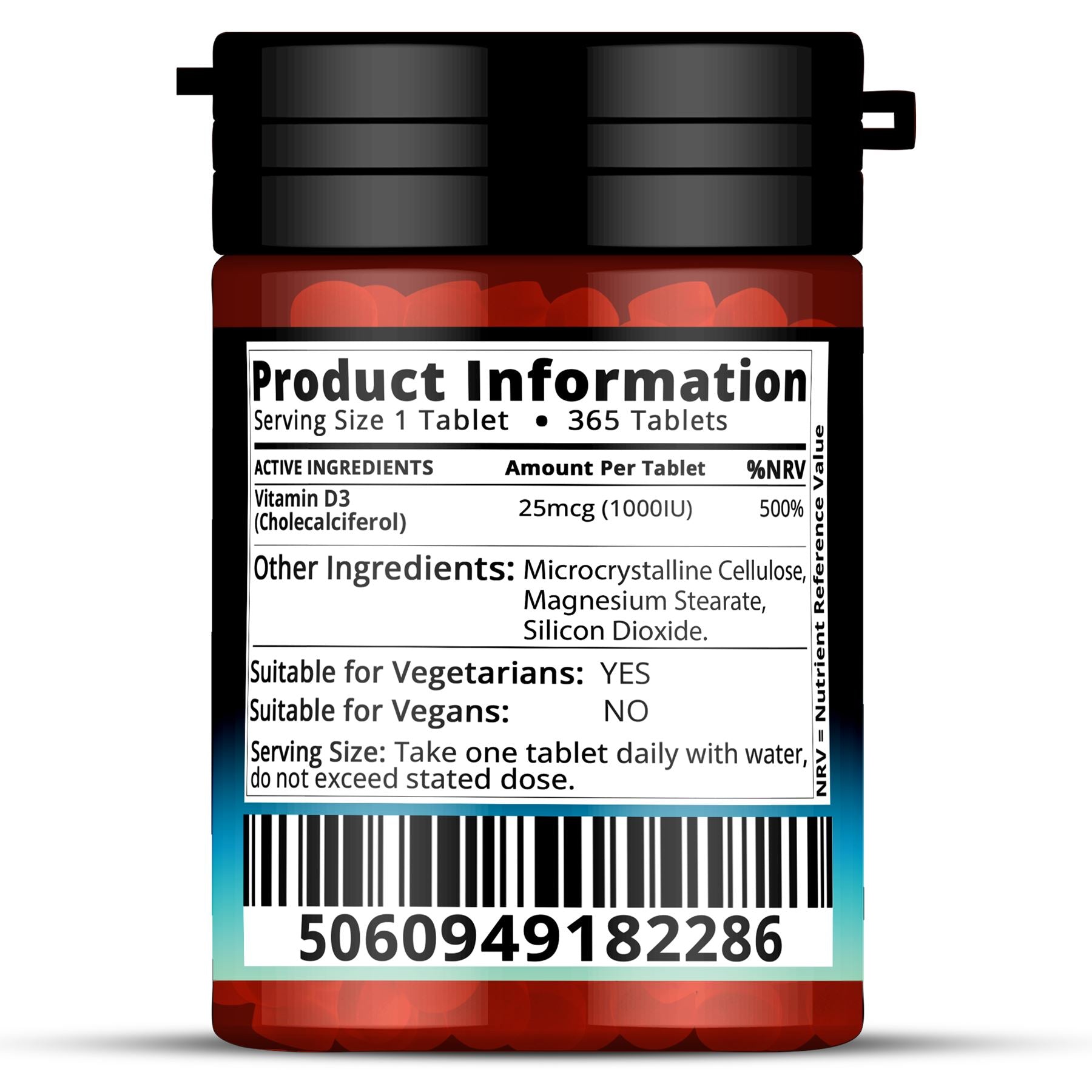 Red Label Health vitamin D3 1000IU tablets bottle with 365 tablets for daily supplement intake