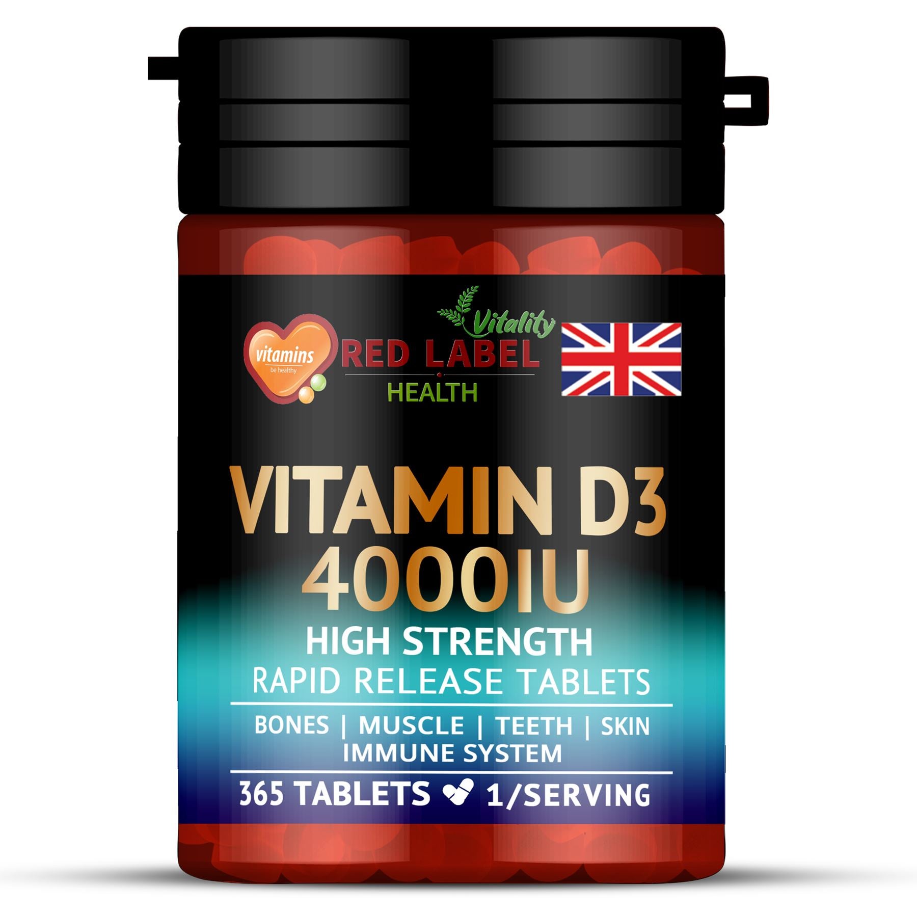 Red Label Health Vitamin D3 4000IU tablets, high strength for bones, muscle, teeth and skin health