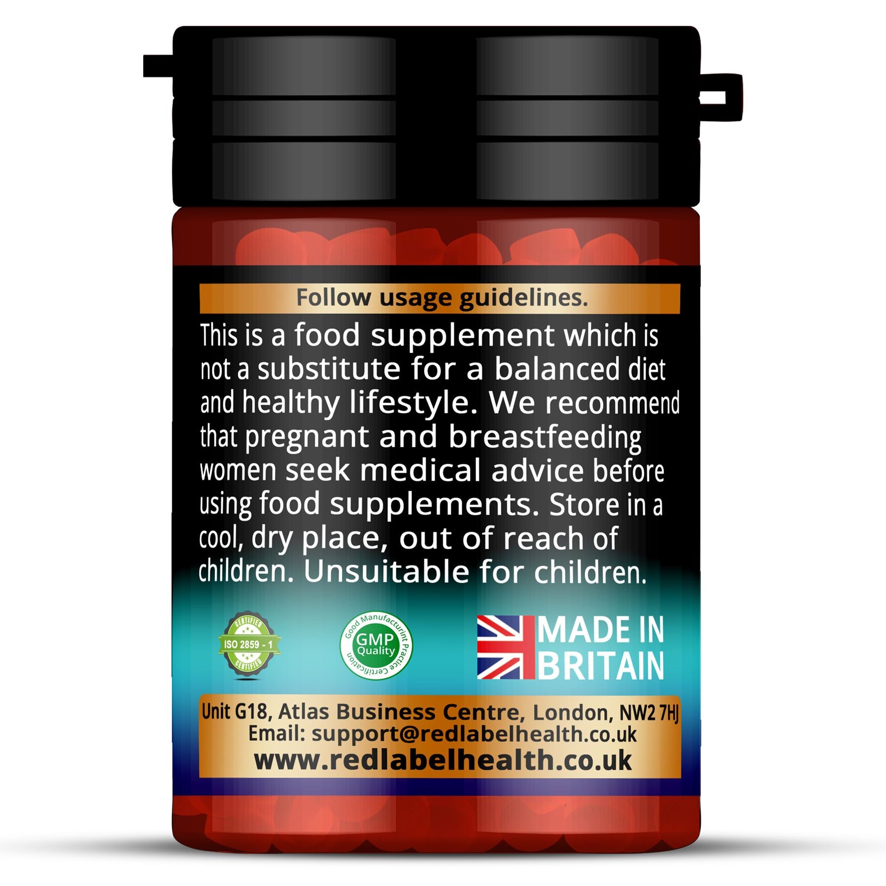 Red Label Health Vitamin D3 4000IU tablets in a black bottle with safety seal and usage instructions