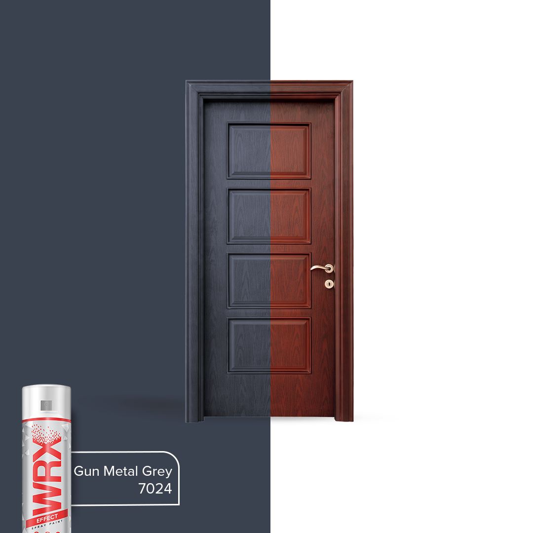 WRX gun metal grey spray paint 400ml next to a door showing painted and unpainted sections