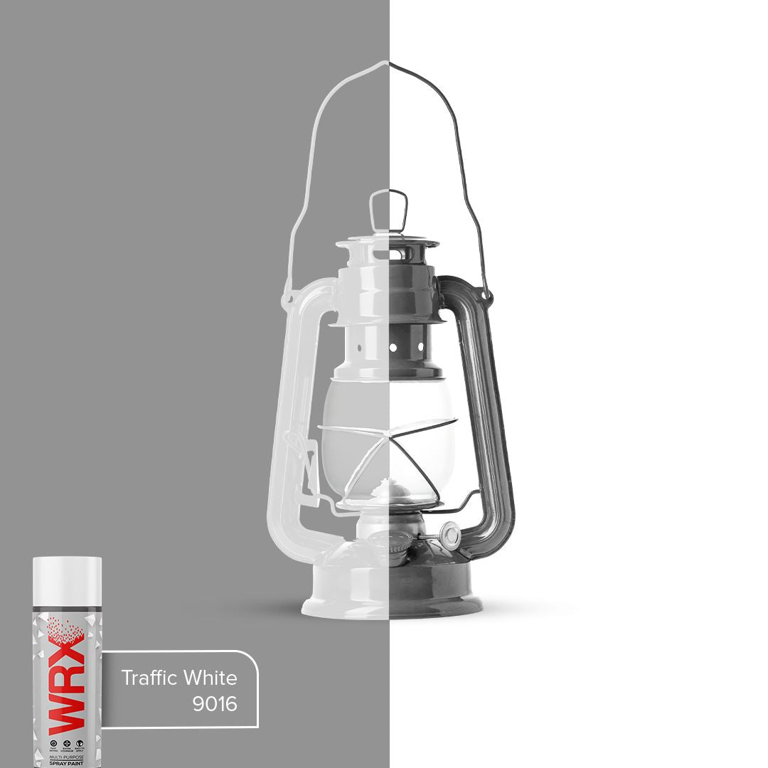 WRX multi purpose spray paint white shown beside a grey lantern for comparison