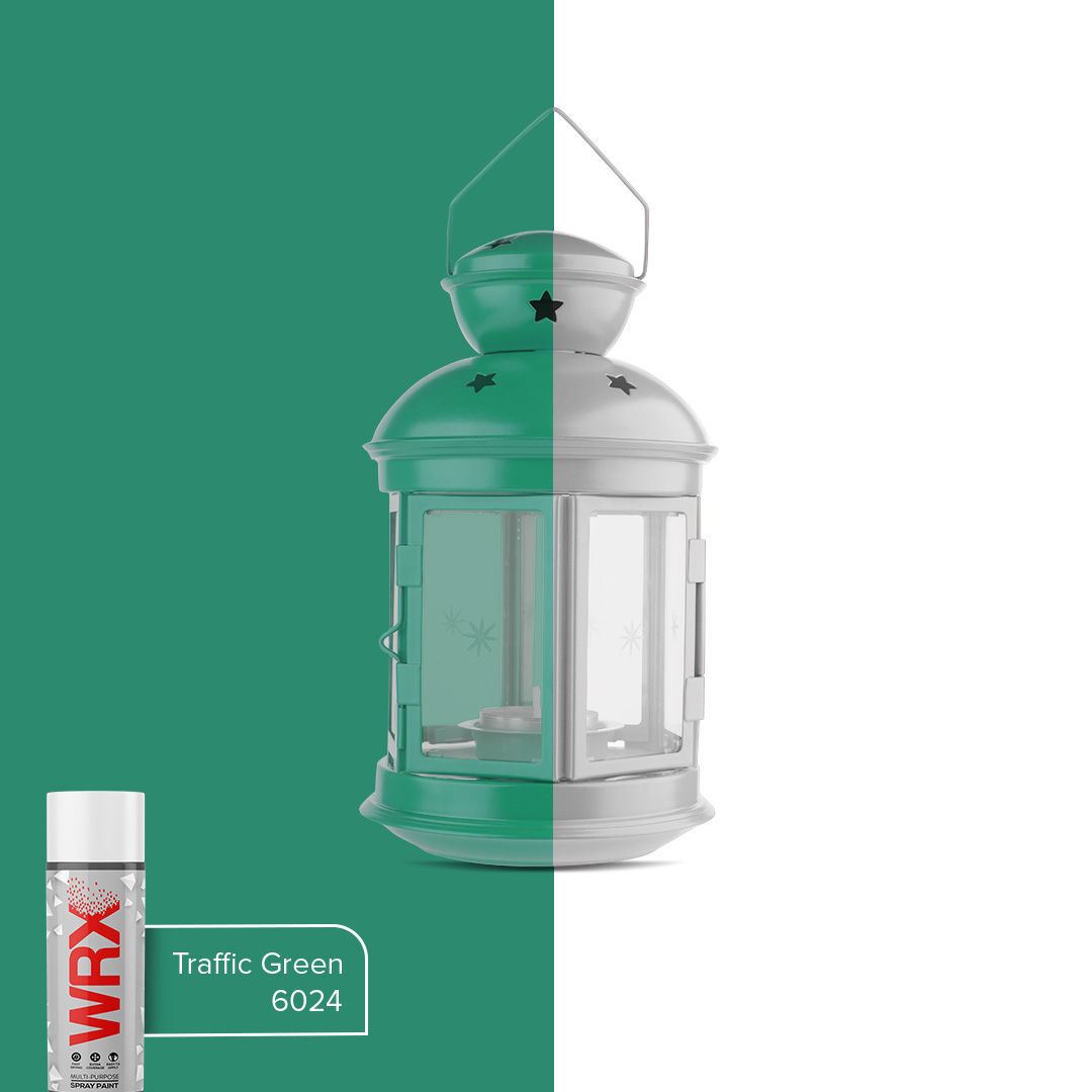 WRX traffic green spray paint 400ml next to a lantern for illustrating colour application
